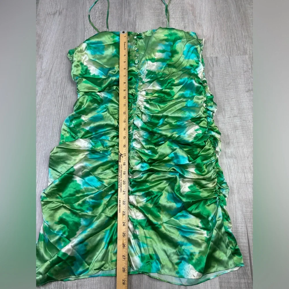 GANNI Silk Stretch Satin Ruched Mini Dress Lily Green Size 44 or US Large - Picture 11 of 16